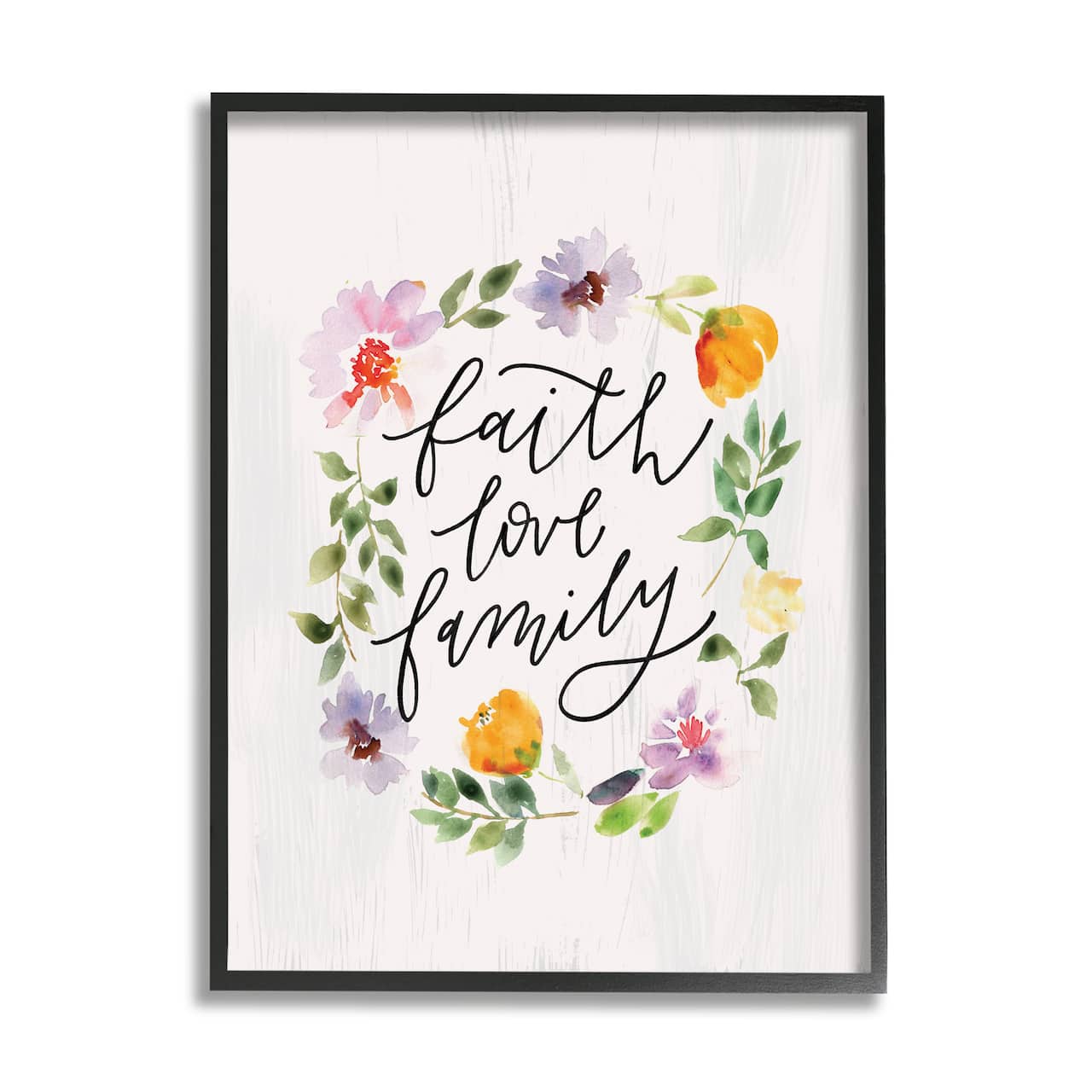 Stupell Industries Faith Love Family Quote Traditional Floral Wreath in Black Frame Wall Art
